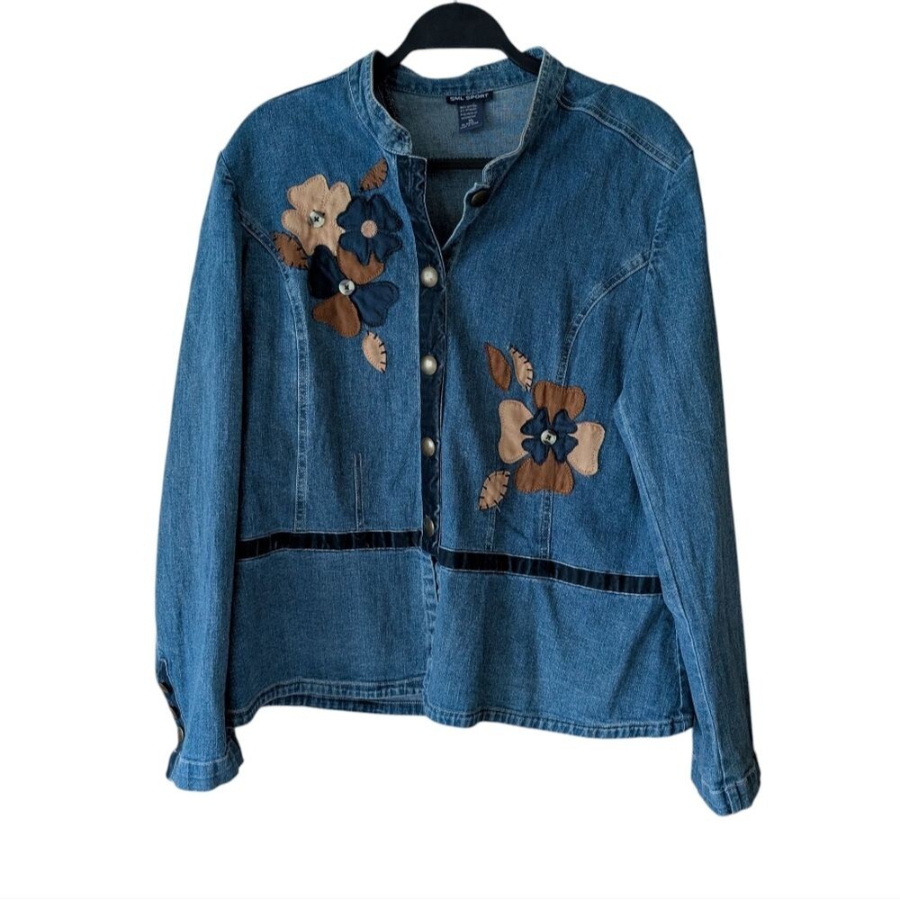 SML Sport Denim Floral Applique Embroidered Velvet Trim Jacket Size XL